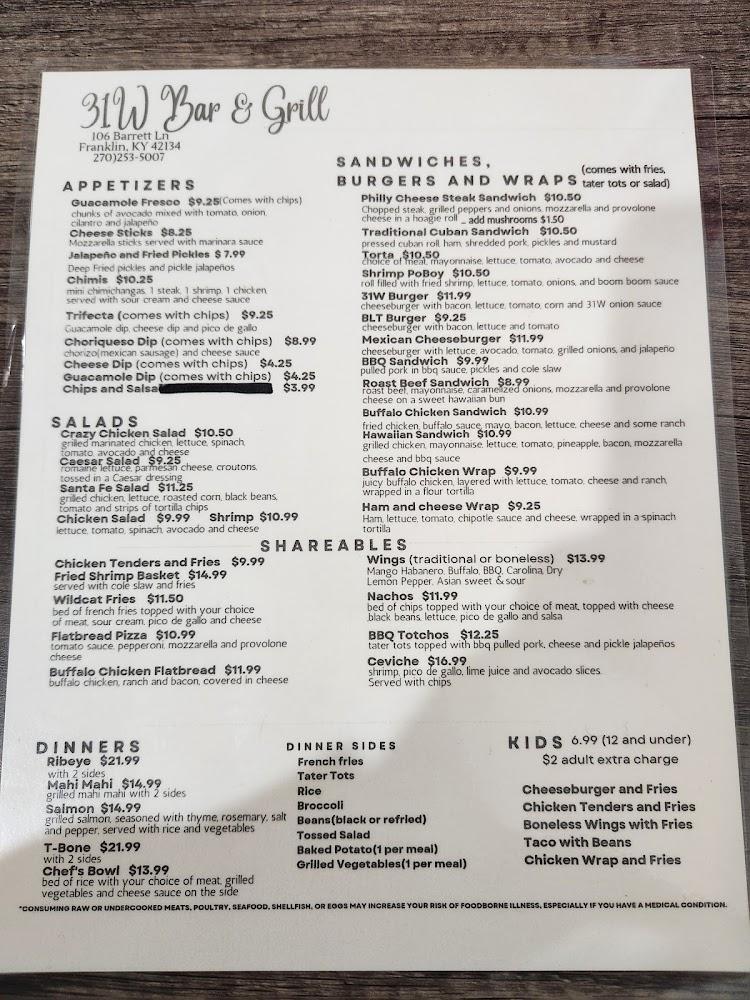 31W Bar and Grill Menu image 1